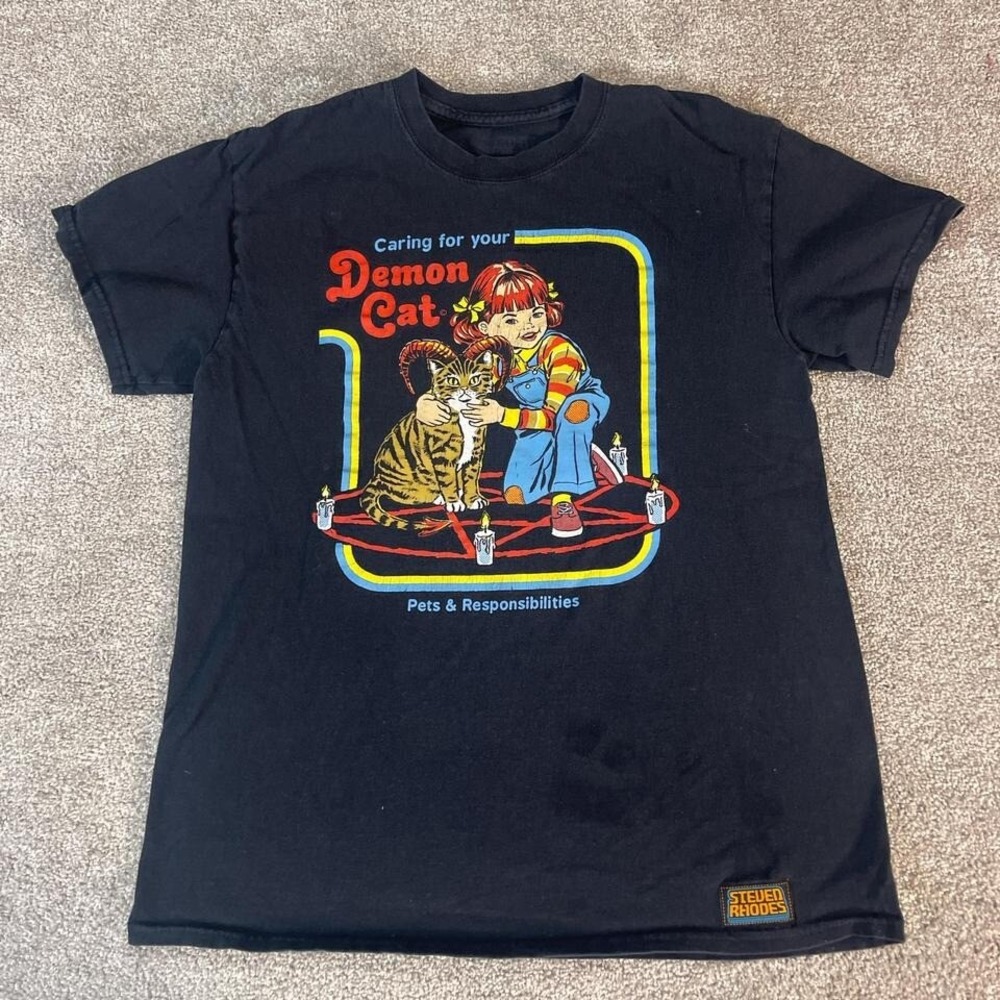 Demon Cat T-Shirt Medium "Caring For Your Demon Cat" Meme Graphic Tee Alt Humor